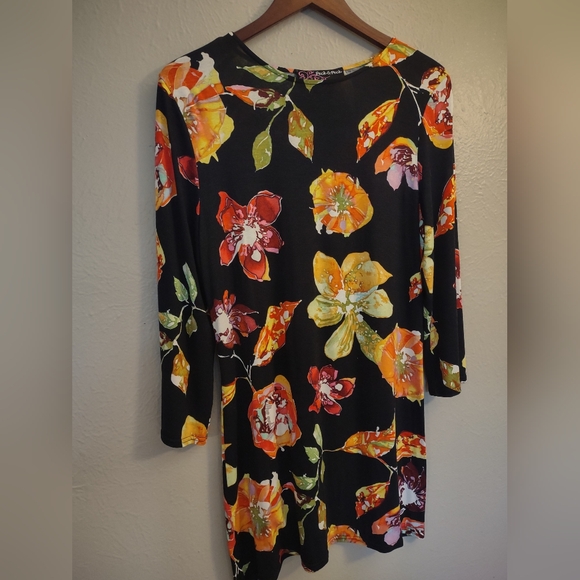 Peck & Peck Black Vibrant Floral Long Sleeve Tunic Dress Size Medium - Picture 2 of 13
